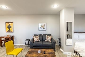Charlottesville apartment for rent - A living room with a yellow chair and a black couch.