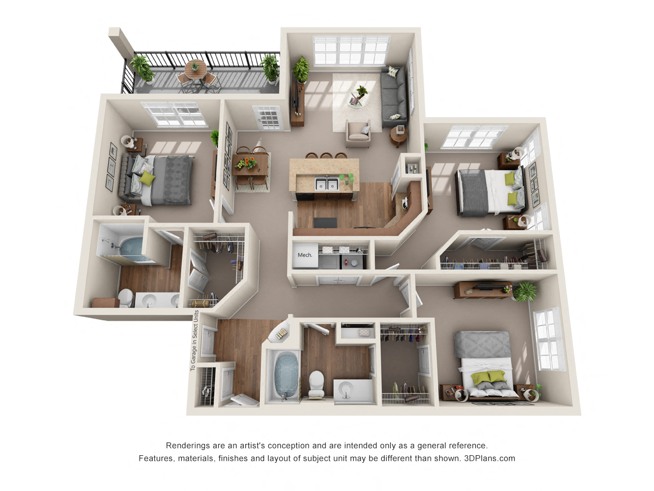 Floor plan for 3 beds, 2 baths, 1582 sqft