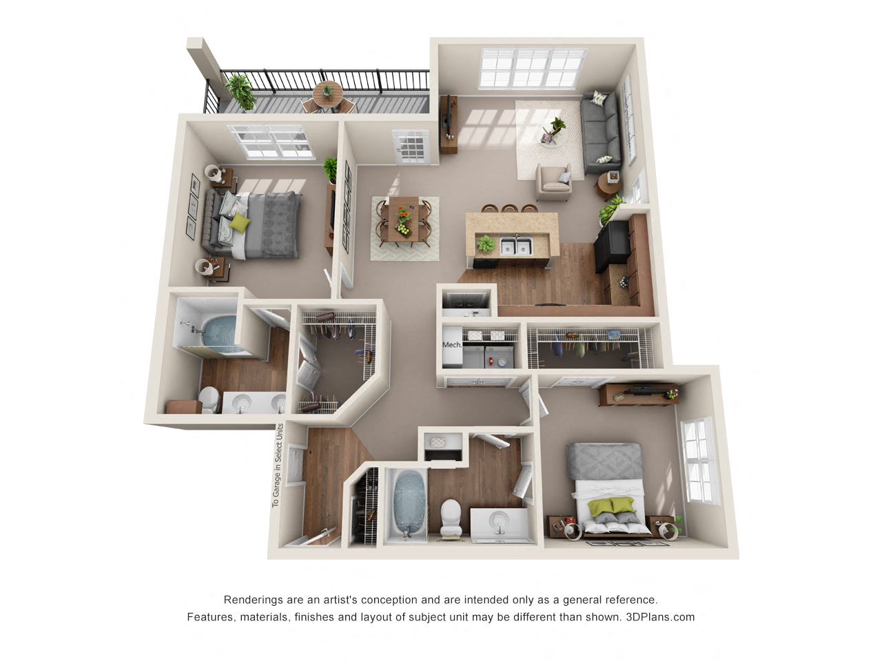 Floor plan for 2 beds, 2 baths, 1424 sqft