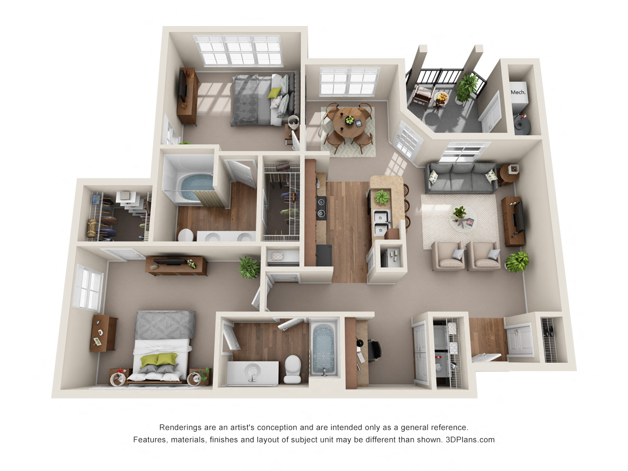 Floor plan for 2 beds, 2 baths, 1156 sqft