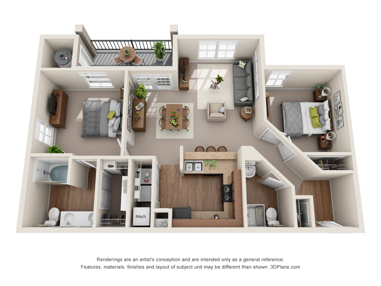 Floor plan for 2 beds, 2 baths, 1194 sqft