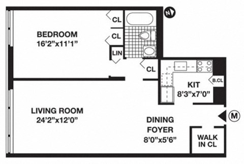 Floor plan for 1 bed, 1 bath, 810 sqft