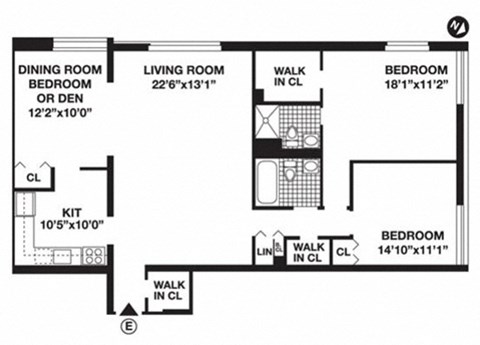 Floor plan for 3 beds, 2 baths, 1249 sqft