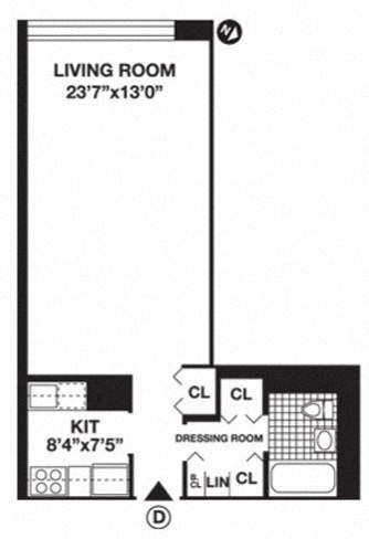 Floor plan for studio, 1 bath, 559 sqft