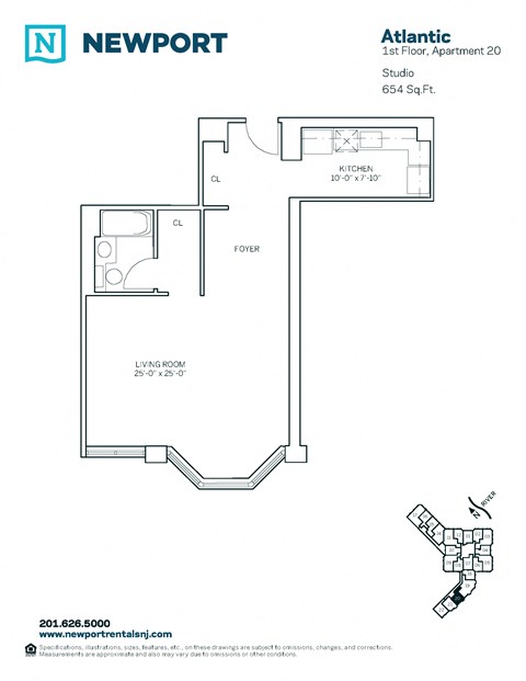 Floor plan for studio, 1 bath, 654 sqft