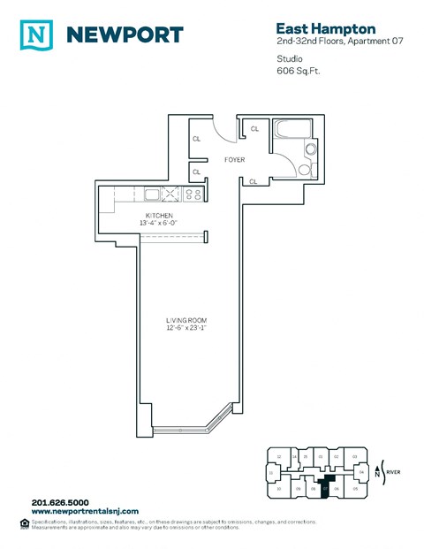 Floor plan for studio, 1 bath, 606 sqft