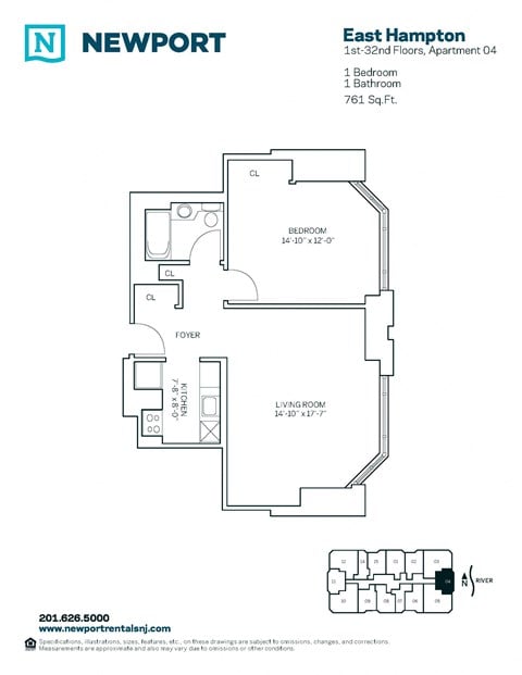Floor plan for 1 bed, 1 bath, 862 sqft