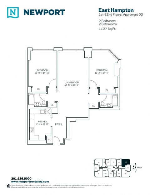Floor plan for 2 beds, 2 baths, 1251 sqft