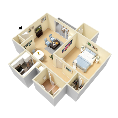 Floor plan for 1 bed, 1 bath, 635 sqft
