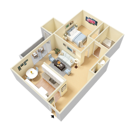 Floor plan for 1 bed, 1 bath, 752 sqft