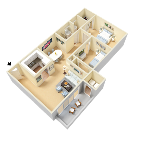Floor plan for 2 beds, 1 bath, 930 sqft