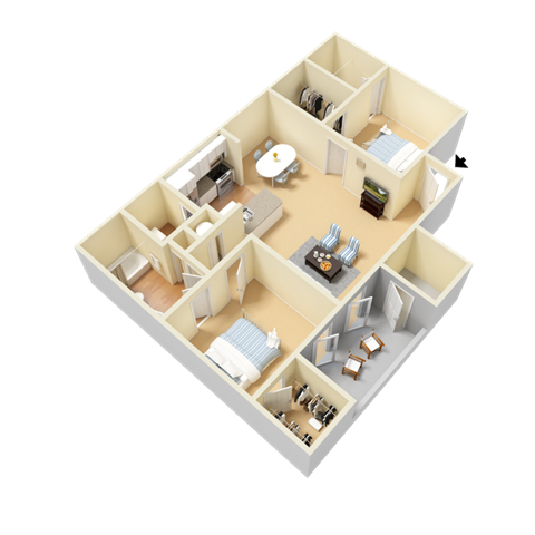 Floor plan for 2 beds, 2 baths, 1067 sqft
