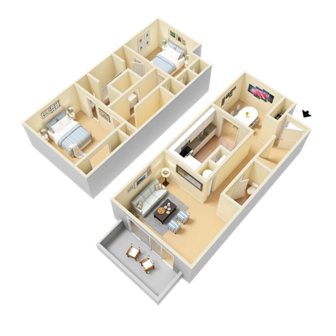 Floor plan for 2 beds, 1.5 baths, 1206 sqft