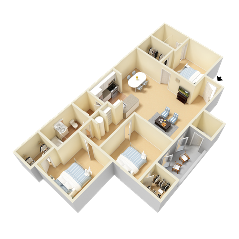 Floor plan for 3 beds, 2 baths, 1263 sqft