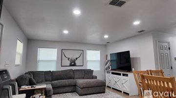 Gladewater house for rent - A living room with a grey couch, a television, and a painting of a bird on the wall.
