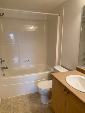 Edmonton apartment for rent - A white toilet sits next to a bathtub in a bathroom.