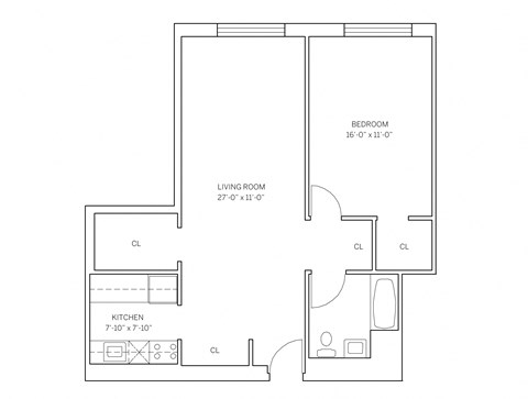 Floor plan for 1 bed, 1 bath, 716 sqft
