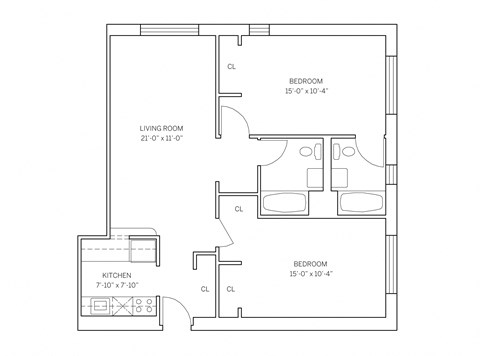 Floor plan for 2 beds, 2 baths, 1020 sqft