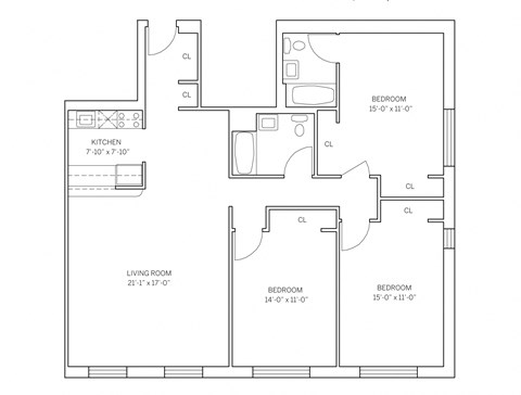 Floor plan for 3 beds, 2 baths, 1397 sqft