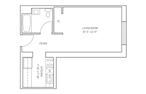 Floor plan for studio, 1 bath, 433 sqft