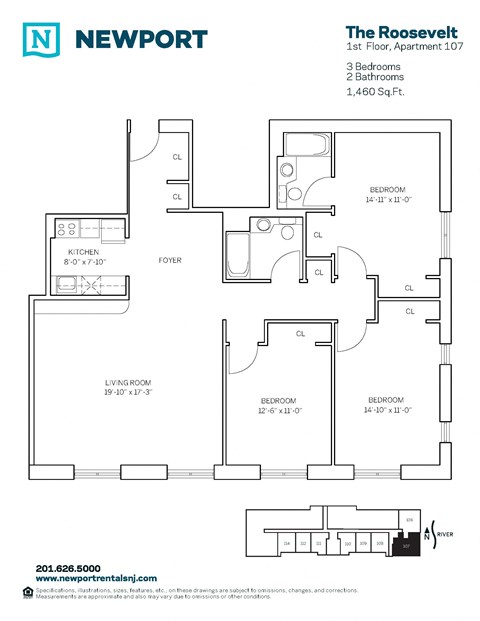 Floor plan for 3 beds, 2 baths, 1408 sqft