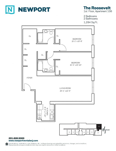 Floor plan for 2 beds, 2 baths, 1132 sqft