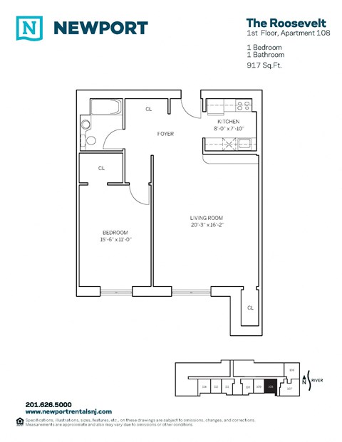 Floor plan for 1 bed, 1 bath, 799 sqft