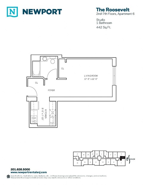 Floor plan for studio, 1 bath, 442 sqft