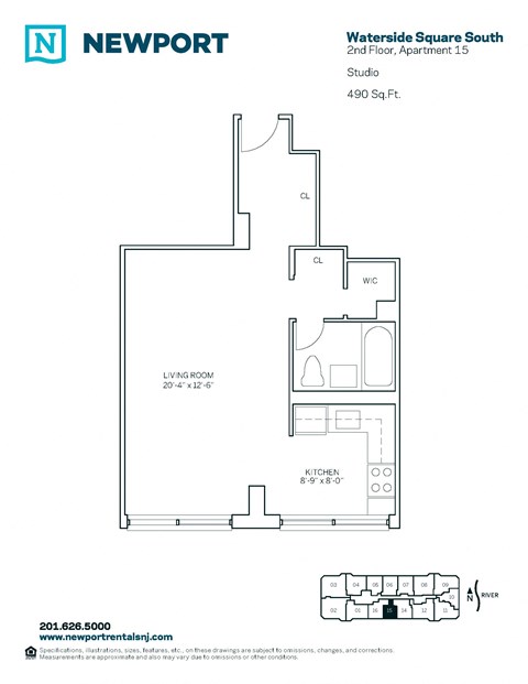 Floor plan for studio, 1 bath, 490 sqft
