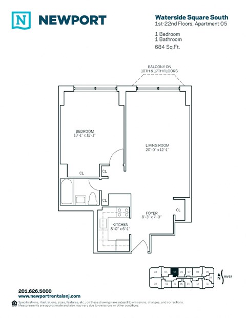 Floor plan for 1 bed, 1 bath, 752 sqft