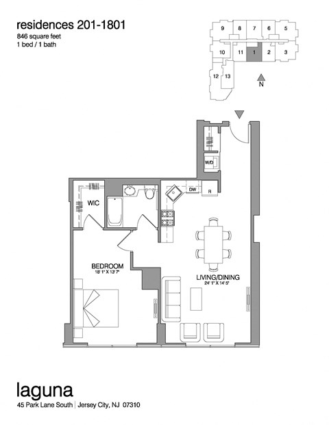 Floor plan for 1 bed, 1 bath, 759 sqft