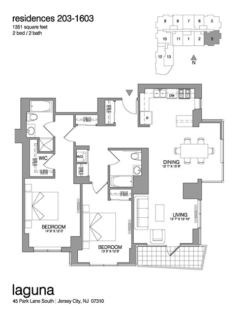 Floor plan for 2 beds, 2 baths, 1352 sqft