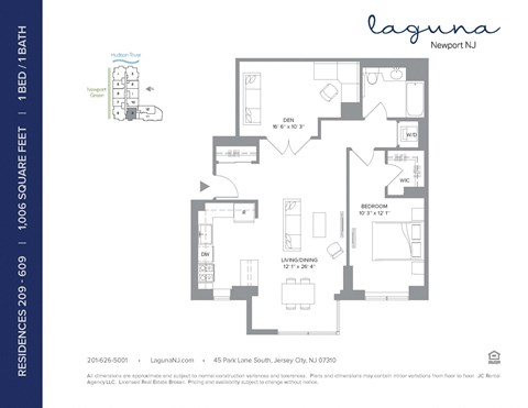 Floor plan for 2 beds, 1 bath, 1006 sqft