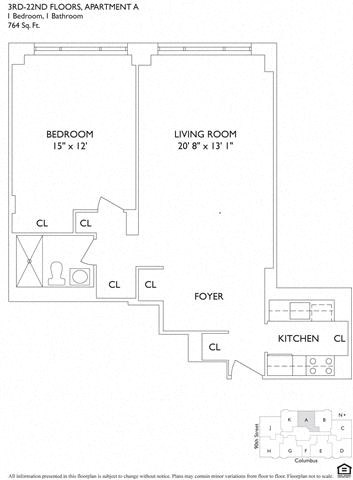 Floor plan for 1 bed, 1 bath, 793 sqft