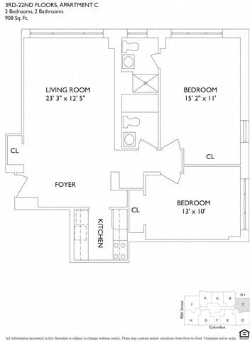 Floor plan for 2 beds, 2 baths, 908 sqft