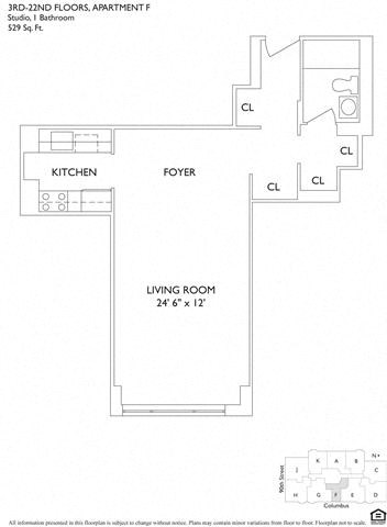 Floor plan for studio, 1 bath, 529 sqft