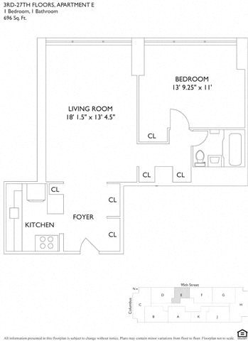 Floor plan for 1 bed, 1 bath, 696 sqft