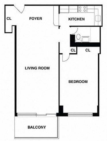 Floor plan for 1 bed, 1 bath, 785 sqft