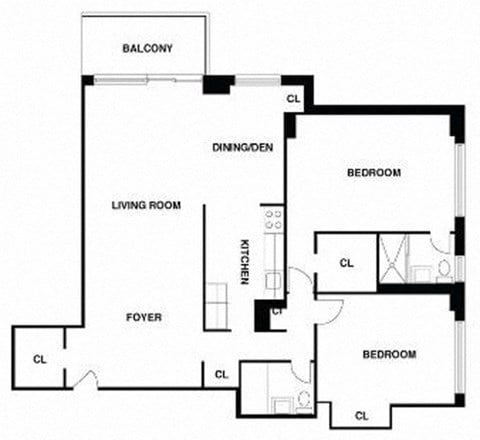 Floor plan for 2 beds, 2 baths, 1305 sqft