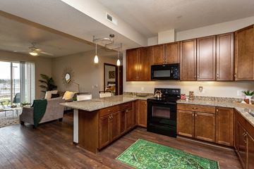 West Des Moines apartment for rent - a kitchen and living room with wooden cabinets and a counter top
