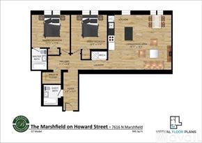 Chicago apartment for rent - A floor plan of a home with two bedrooms and a living area.