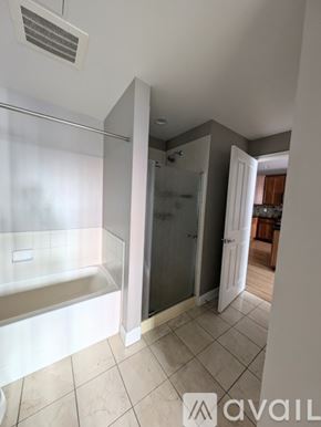 Denver condo for rent - A bathroom with a walk-in shower and a toilet.