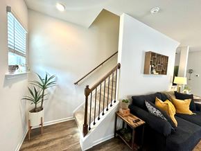 Piedmont house for rent - A living room with a couch, a plant, and a staircase.