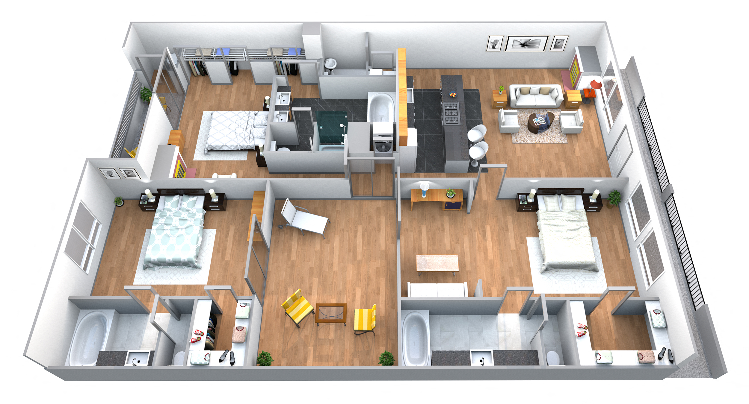 Floor plan for 3 beds, 3.5 baths, 2412 sqft
