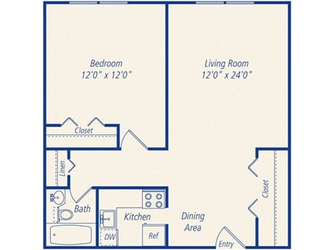 Floor plan for 1 bed, 1 bath, 595 sqft