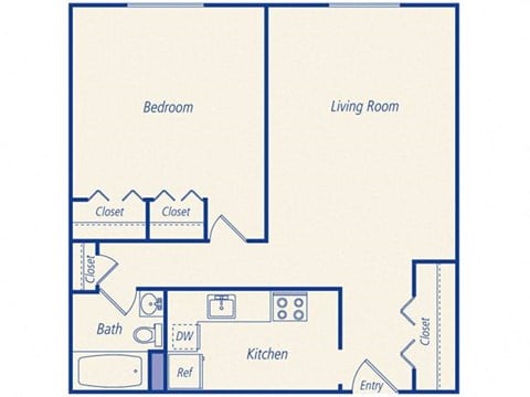 Floor plan for 1 bed, 1 bath, 615 sqft