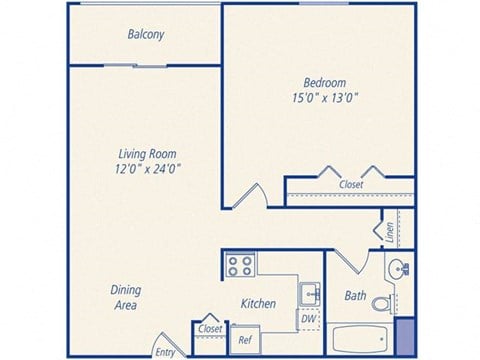 Floor plan for 1 bed, 1 bath, 633 sqft