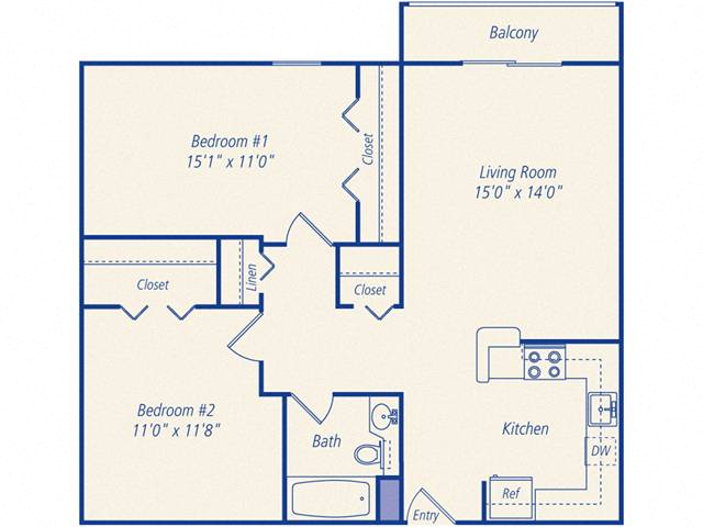 Floor plan for 2 beds, 1 bath, 788 sqft