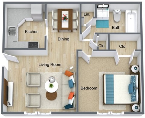 Floor plan for 1 bed, 1 bath, 594 sqft