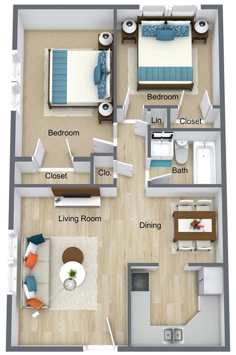 Floor plan for 2 beds, 1 bath, 792 sqft